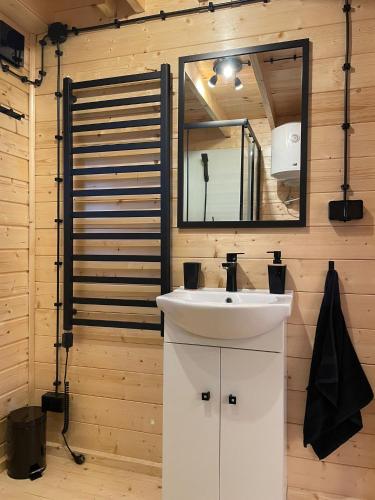 a bathroom with a white sink and a mirror at Domek Na Winklu in Skrzynka