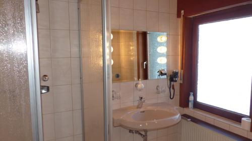 a bathroom with a sink and a mirror at Aussichtsbauernhofpension Hof Gretchens in Winterberg