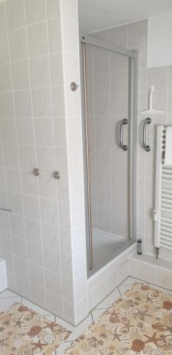 ein Bad mit einer Dusche und einem Spiegel in der Unterkunft Oktopus in Hannover