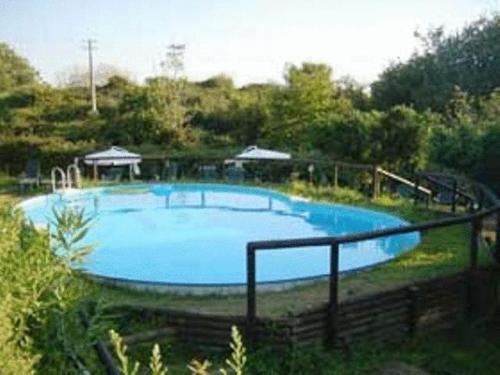 a large blue swimming pool in a yard at Flegrea House in Pozzuoli