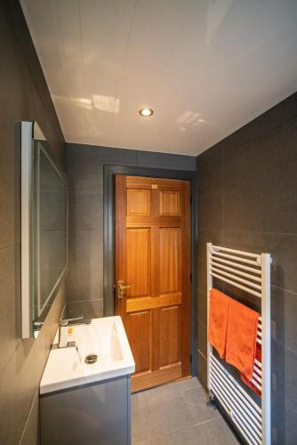 a bathroom with a sink and a wooden door at The Pig Shed Self Catering in Wick