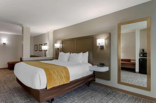 a hotel room with a large bed and a mirror at Comfort Inn Jonesboro in Jonesboro