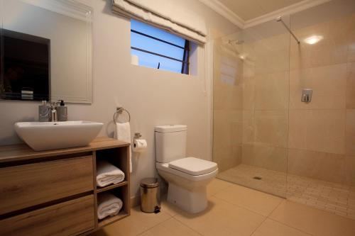 uma casa de banho com um WC, um lavatório e um chuveiro em Longhill Lodge em Addo