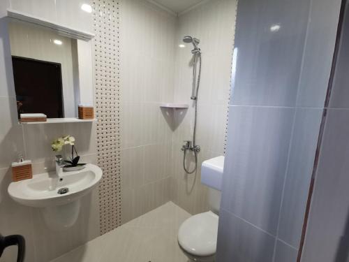 uma casa de banho com um chuveiro, um WC e um lavatório. em Villa Atika em Gorna Malina