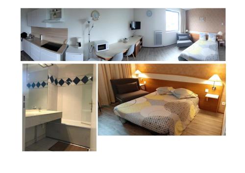 twee foto's van een hotelkamer met een bed en een badkamer bij Résidence Aquatis in Chasseneuil-du-Poitou
