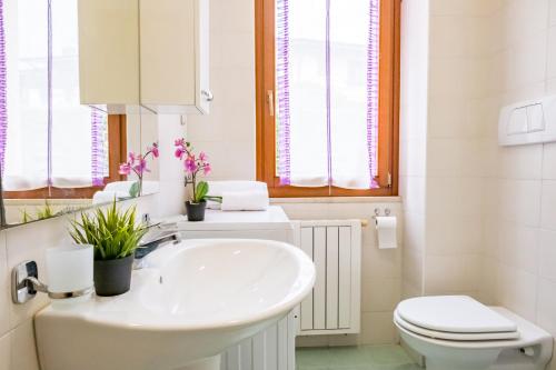 La salle de bains blanche est pourvue d'un lavabo et de toilettes. dans l'établissement Marconi city centre, à Desenzano del Garda
