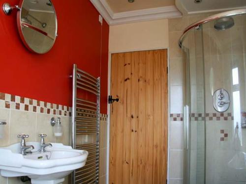 uma casa de banho com um lavatório, um espelho e um chuveiro em 302 Over Lane Cottage em Belper