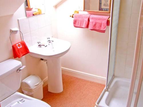 een badkamer met een toilet, een wastafel en een douche bij Uplands in Compton