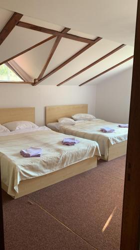 due letti sono in una stanza con il tetto di Vila Azuga ad Azuga