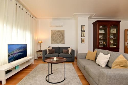 ein Wohnzimmer mit einem Sofa und einem TV in der Unterkunft Columbano Garden, Family Apartment in Lissabon