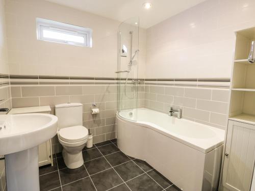 a bathroom with a toilet and a tub and a sink at Nant Y Felin Lodge in Aberdaron