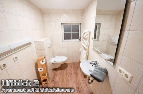 a small bathroom with a toilet and a sink at Ferienwohnungen "Liftblick 2 oder 3" im Kurort Altenberg in Kurort Altenberg