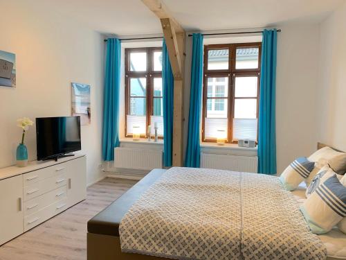 a bedroom with blue curtains and a bed and a tv at Apartment EIRA am Schleswiger Dom in Schleswig