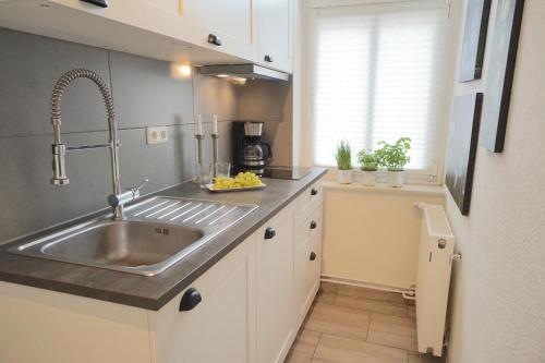 a kitchen with a sink and a counter top at Ferienwohnung Koje in zentraler Lage zum Schleswiger Dom in Schleswig