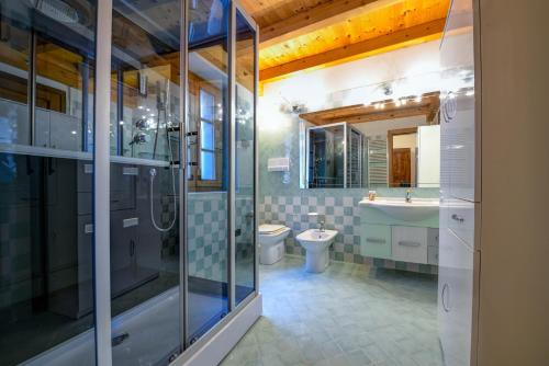 ein Bad mit einer Dusche, einem WC und einem Waschbecken in der Unterkunft Casa nel Borgo - Casa Oliva in Tremosine sul Garda