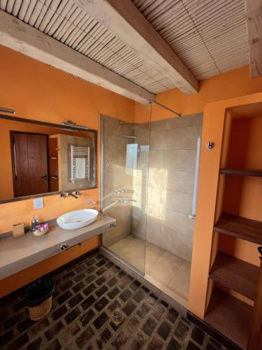 a bathroom with a sink and a glass shower at Finca Albarossa in Fuerte Quemado