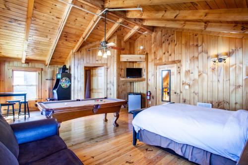 Habitación con cama y mesa de billar en Little Cub Retreat Mtn View, Hot Tub, Indoor Pool, en Gatlinburg