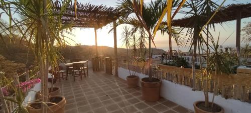a balcony with a table and chairs and plants at Hotel Quinto Sol in Mazunte