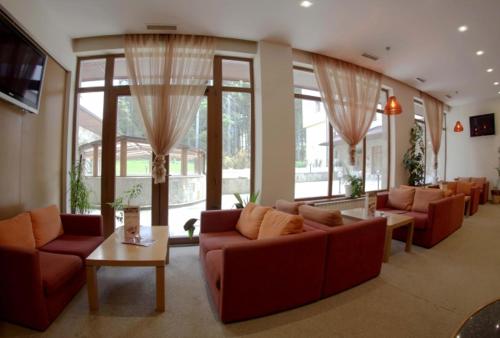 Una sala de estar con sofás, mesas y ventanas. en Studio Villa Park 410, en Borovets