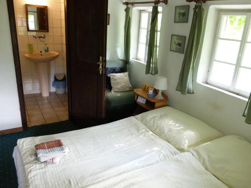 1 dormitorio con 1 cama y baño con lavamanos en U Uhlířu, en Liberec
