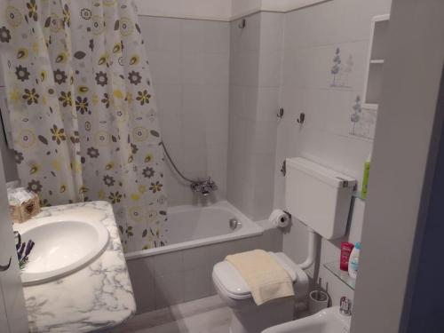 łazienka z umywalką, toaletą i zasłoną prysznicową w obiekcie Casita LERICI w mieście Lerici