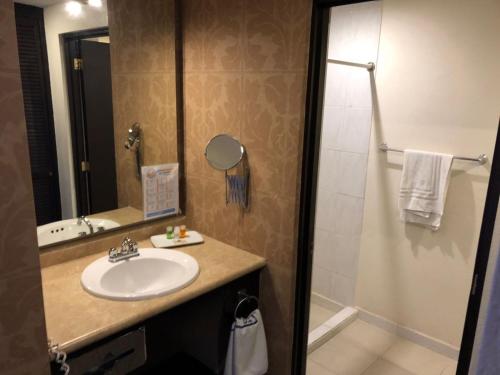 a bathroom with a sink and a shower at Hotel Clara Luna in Xalapa