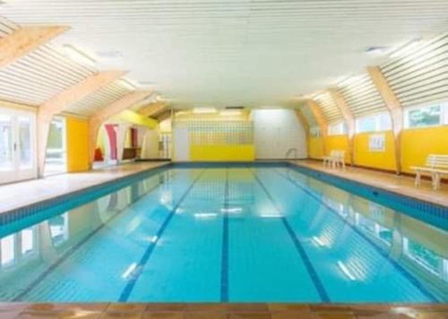 a large indoor swimming pool with blue water at La cabane, Durbuy in Durbuy