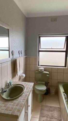 a bathroom with a green sink and a toilet at Bakgat Stay - Seafront 7-sleeper holiday home in Struisbaai