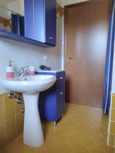 a bathroom with a white sink and a blue cabinet at Border House in Gorizia