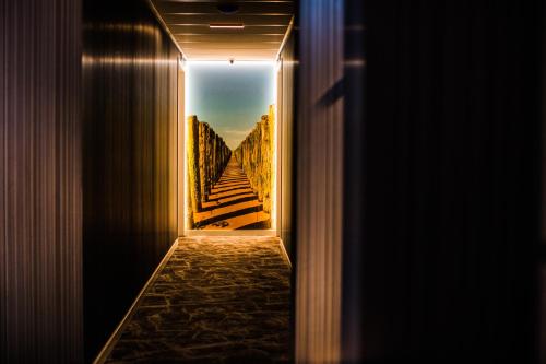 a hallway with a view of a pyramid seen through a door at Hotel Du Commerce in Oostburg