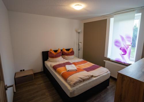 een slaapkamer met een bed met kussens en een raam bij Das Appartment im Gästehaus im Rittergut Keulrod in Bischofrod