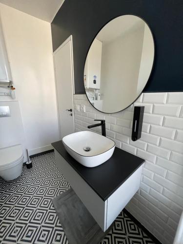 une salle de bain avec un lavabo et un miroir dans l'établissement L'Appartement Bleu - Logement cosy - Cœur de ville, à Douai