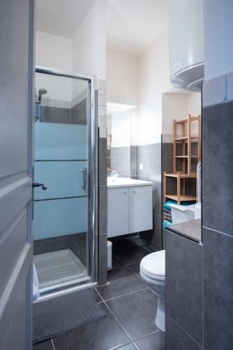 une salle de bain avec une douche, des toilettes et un lavabo dans l'établissement Domus Arena, parking, wifi, arènes, à Nîmes