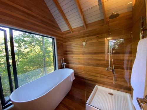 a bathroom with a tub and a large window at Luxury mountain loft in Pucón