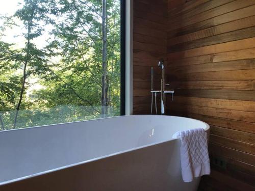a bath tub in a room with a window at Luxury mountain loft in Pucón