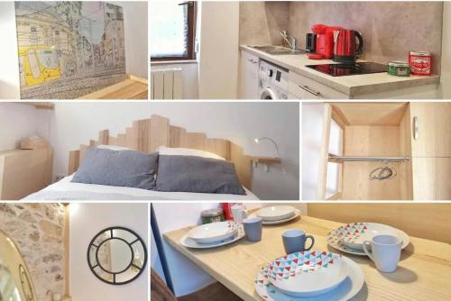 un collage de photos d'une cuisine et d'une table avec un gâteau dans l'établissement Rosa Maria Studio Centre ville Mulhouse, à Mulhouse