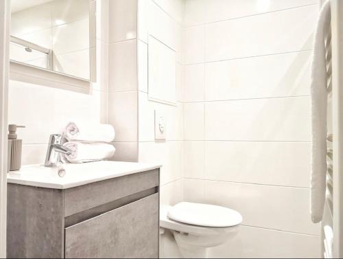 une salle de bain blanche avec des toilettes et un lavabo dans l'établissement Rosa Maria Studio Centre ville Mulhouse, à Mulhouse
