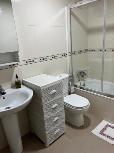 a bathroom with a toilet and a sink and a shower at Apartamento Finisterrae in Fisterra