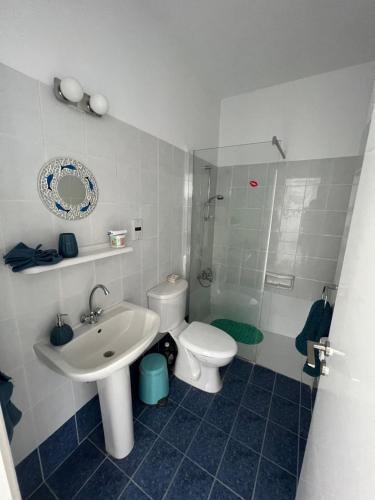 a bathroom with a sink and a toilet and a shower at LATSI APARTMENT 16 fully renovated in Lachi