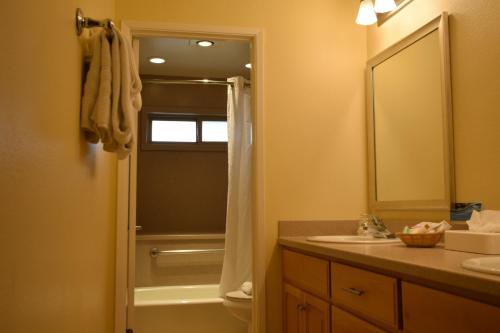 a bathroom with a shower and a sink and a mirror at Aquamarine Villas in Oceanside