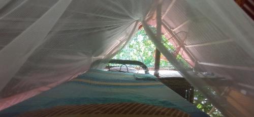 a bed in a room with a net at La happycleta in Palomino
