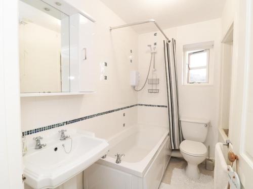 a white bathroom with a sink and a toilet at Netherlea Cottage in Highpeak Junction