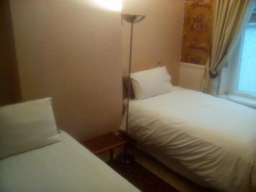 カーディフにあるThe Principality 2 Singles Bedroomのベッド2台、窓際のランプが備わる客室です。