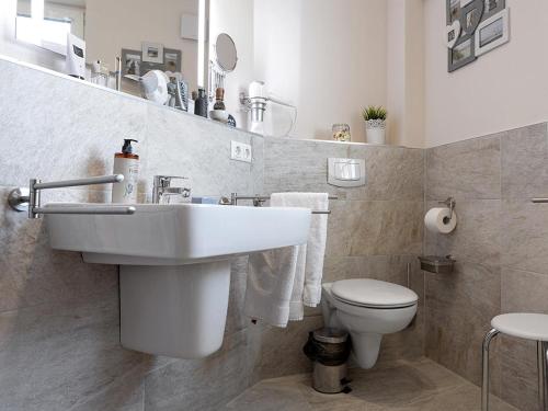 a bathroom with a sink and a toilet at Ferienhaus Schilfrohrsaenger 28 in Fuhlendorf