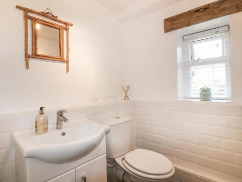 Baño blanco con aseo y lavamanos en Barn Acre Cottage en Newquay