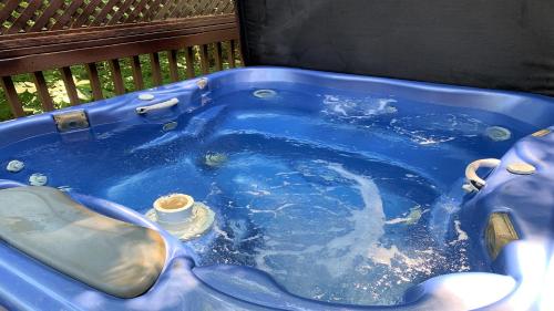 een blauw bad gevuld met water voor een hek bij 3 Bears One-Level Cabin with Pool Table in Pigeon Forge