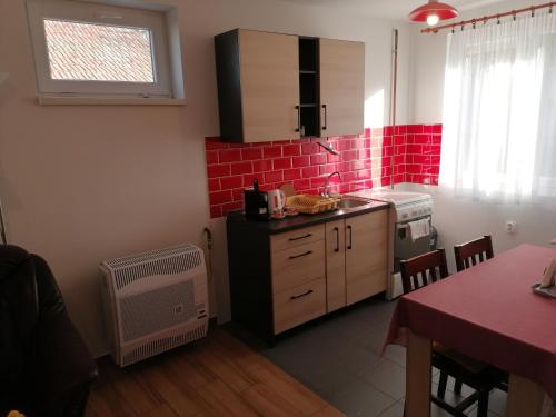 a kitchen with red tiles on the wall at István Vendégház in Mórahalom