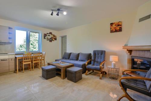 ein Wohnzimmer mit einem blauen Sofa und einem Tisch in der Unterkunft Bieszczadówka in Sanok