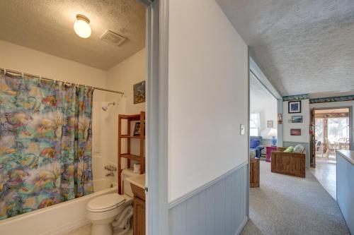 a bathroom with a toilet and a shower curtain at Diamond Shoals 67 in Avon