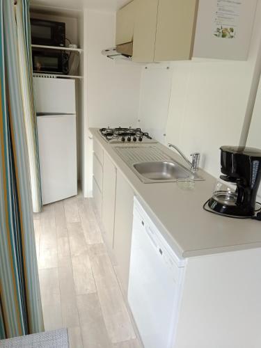 cocina blanca con fregadero y fogones en Mobil home saint aubin, en Saint-Aubin-le-Cauf